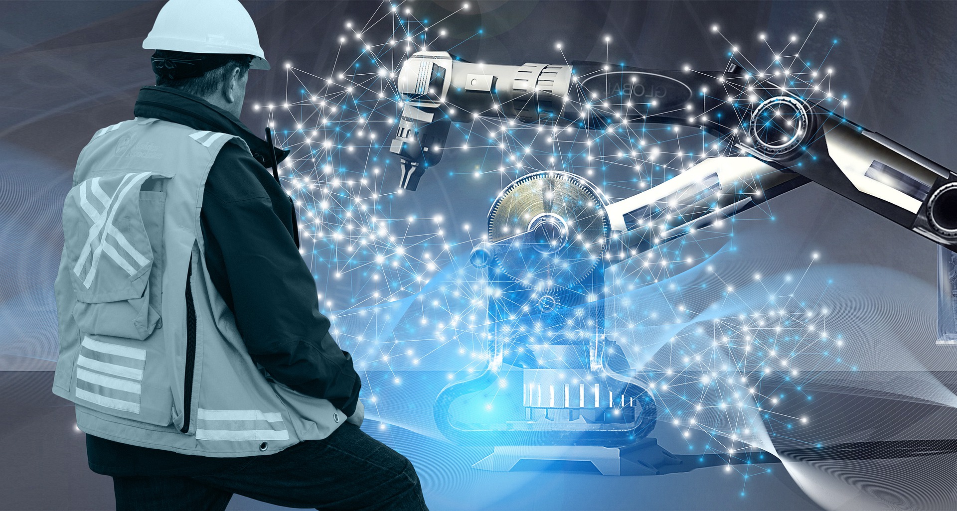 Industrial worker looking at tools with digital overlay